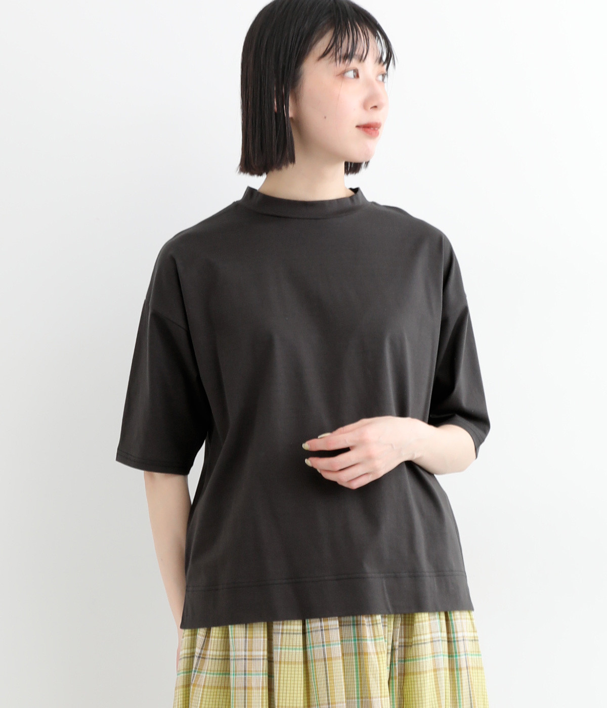 コンパクトクールモックネック5分袖プルオーバー(チャコールグレー-ONESIZE)