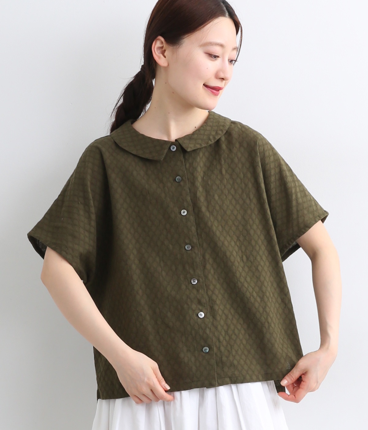 コットンリネンパナマステンカラーブラウス(カーキ-ONESIZE)