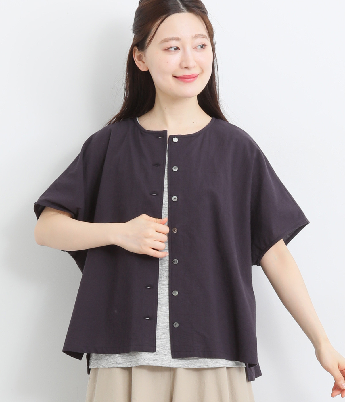 コットンローンクルーネック前あきブラウス(パープル-ONESIZE)