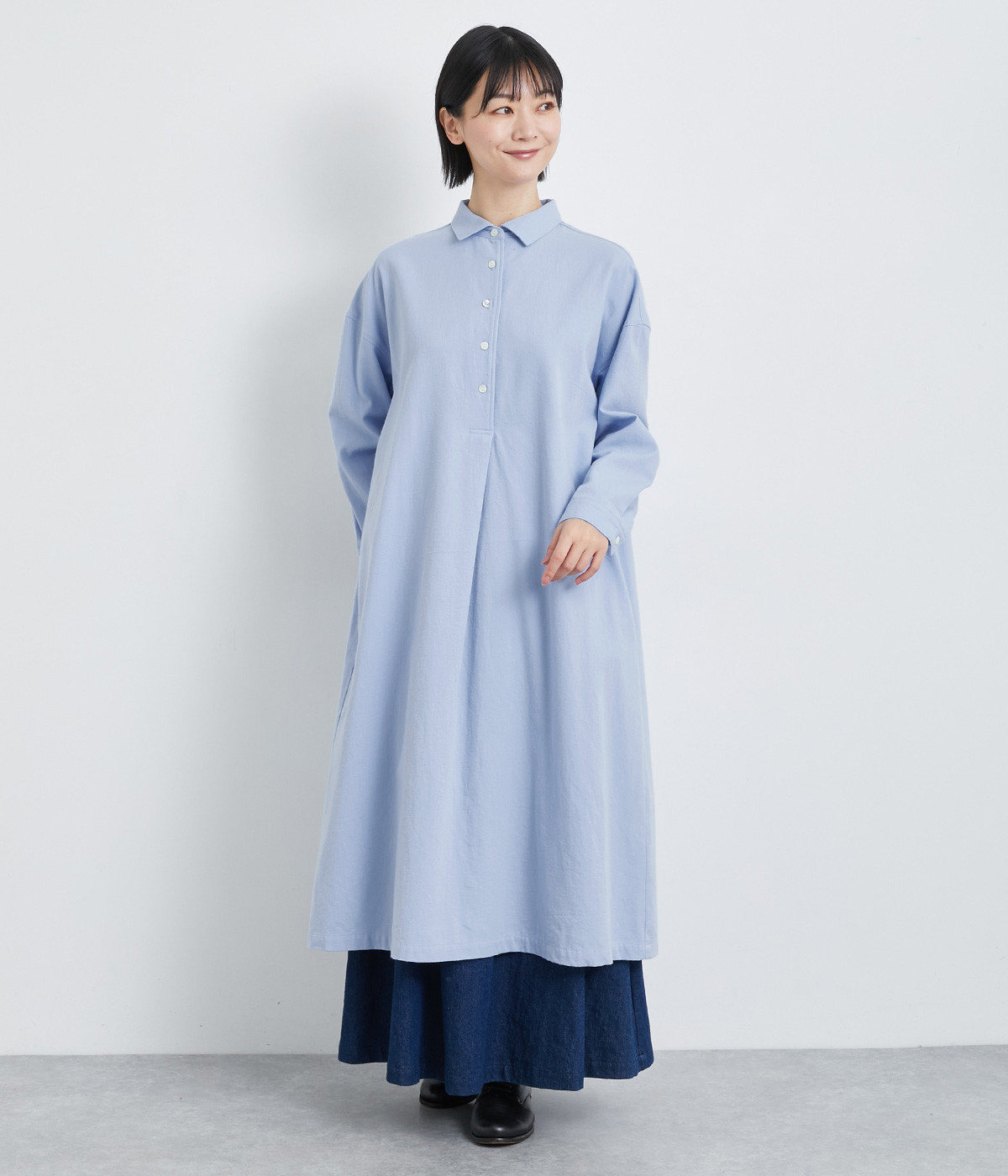 荒炊きオックス襟付きワンピース(サックス-ONESIZE)