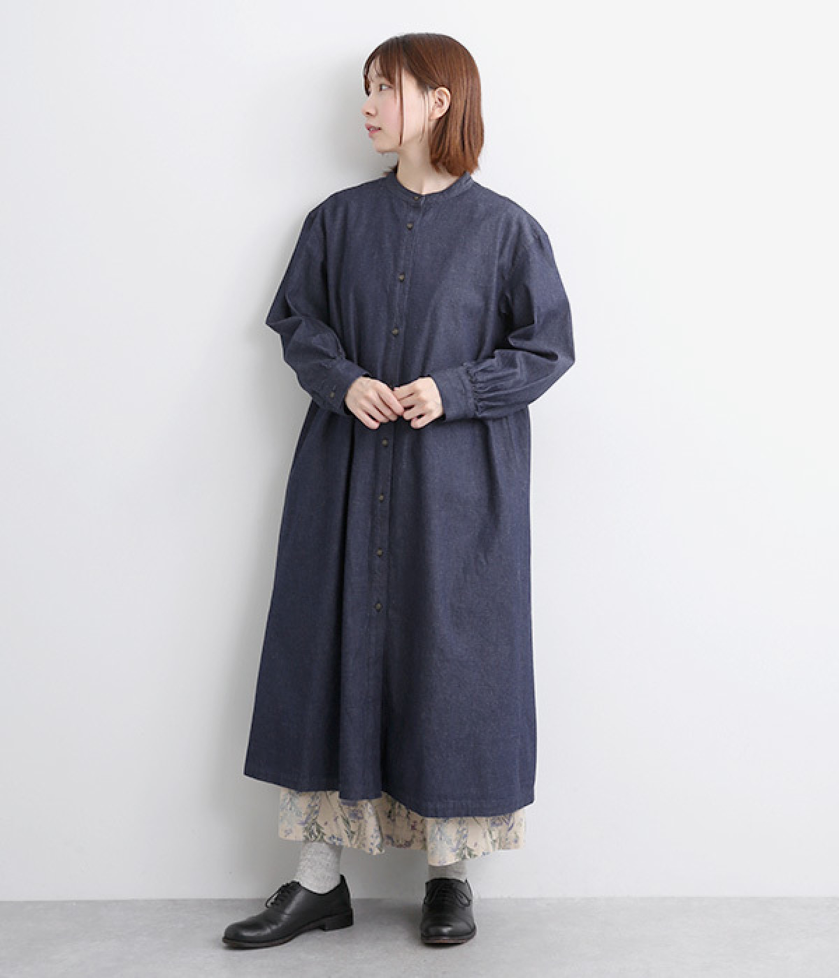 コットンデニム前あきワンピース(ネイビー-ONESIZE)