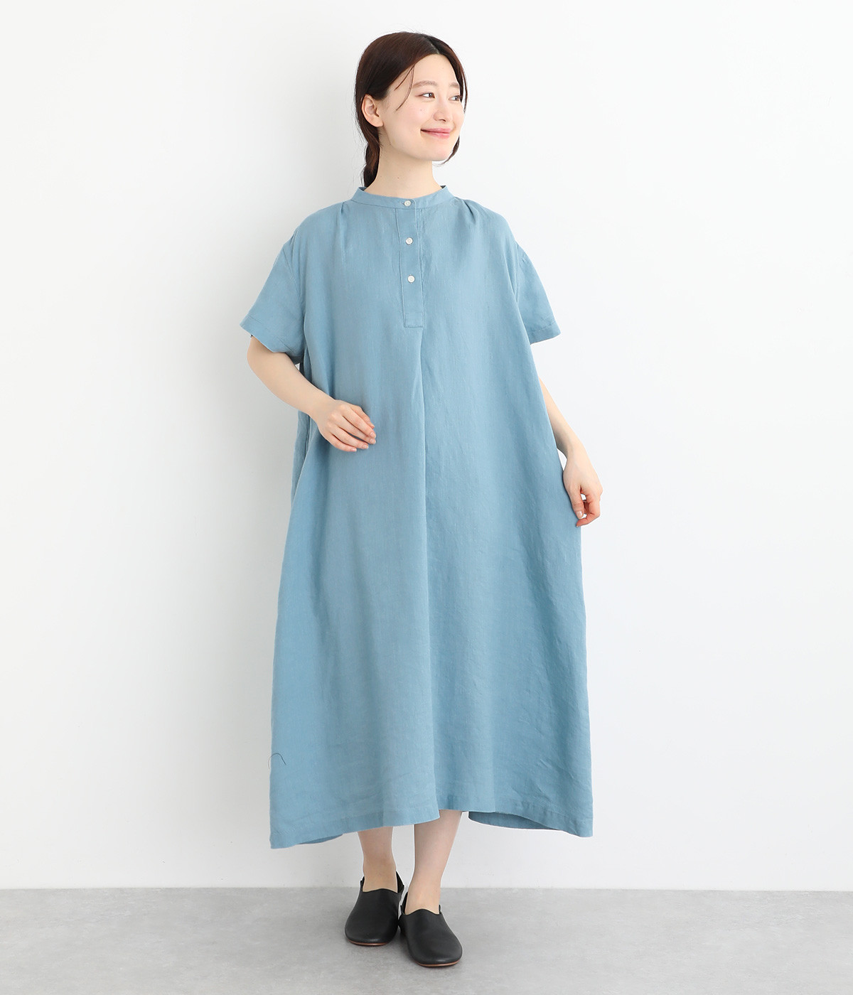 リトアニアリネンタック半袖ワンピース(サックス-ONESIZE)