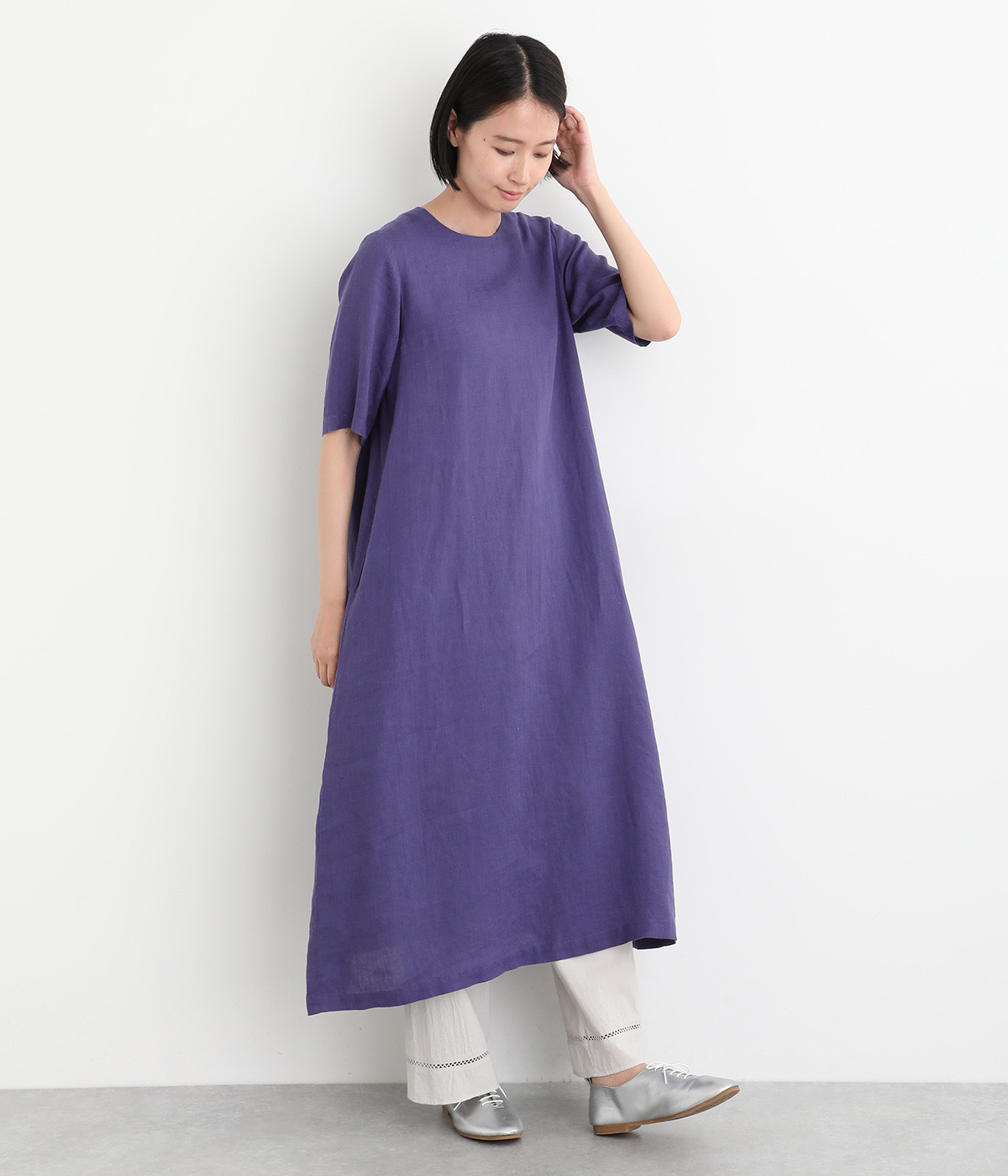 リトアニアリネン後あき5分袖ワンピース(パープル-ONESIZE)