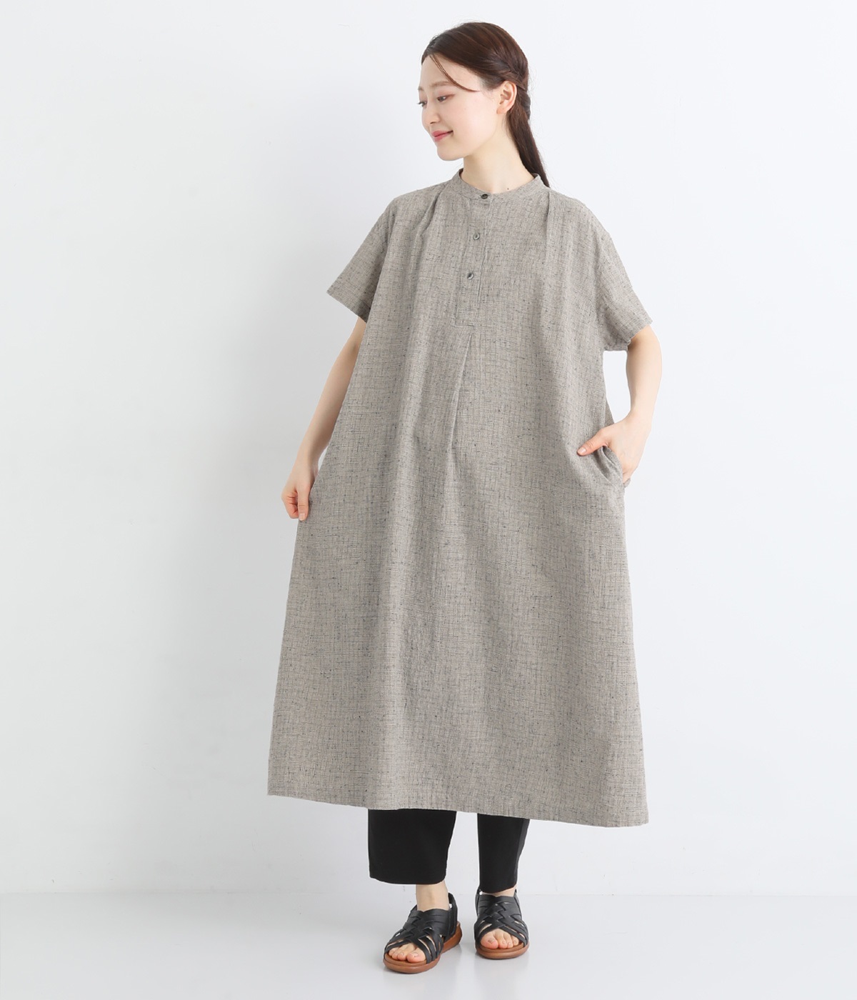 コットンリネンタック半袖ワンピース(ベージュ-ONESIZE)