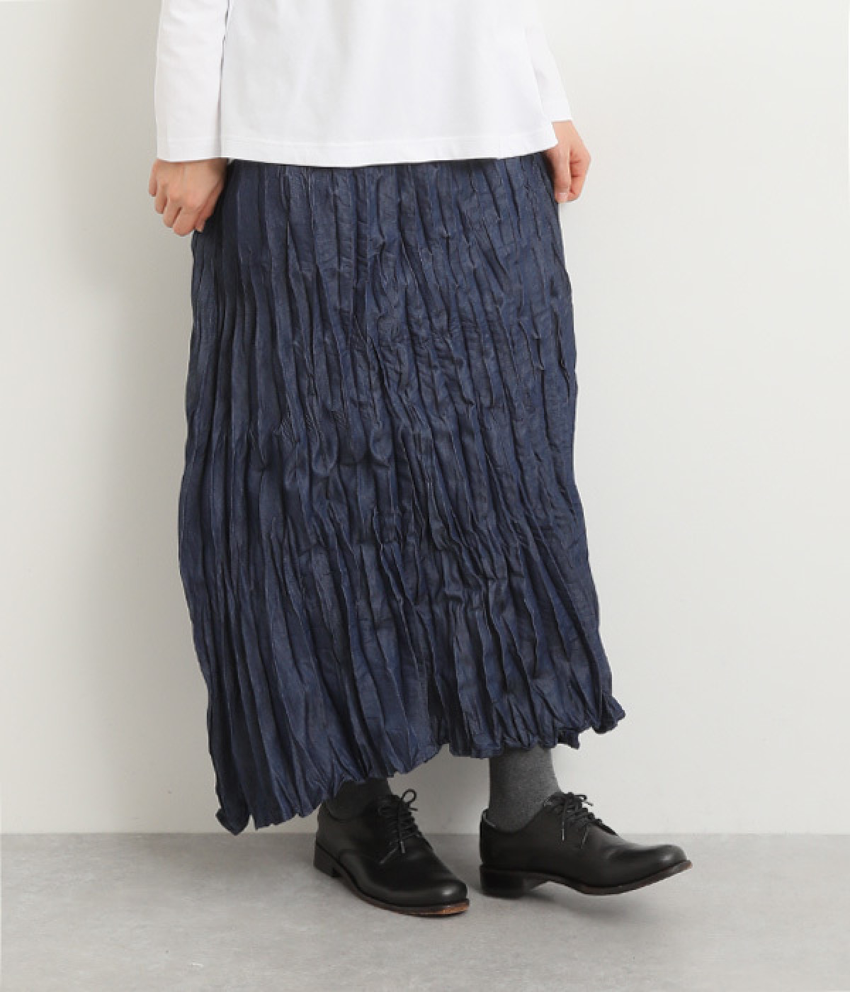 デニム クリンクルワッシャー加工フレアスカート(インディゴ-ONESIZE)