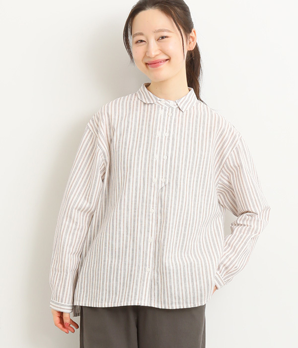 コットンリネン 柄アソート前開きブラウス(アイボリーストライプ-ONESIZE)