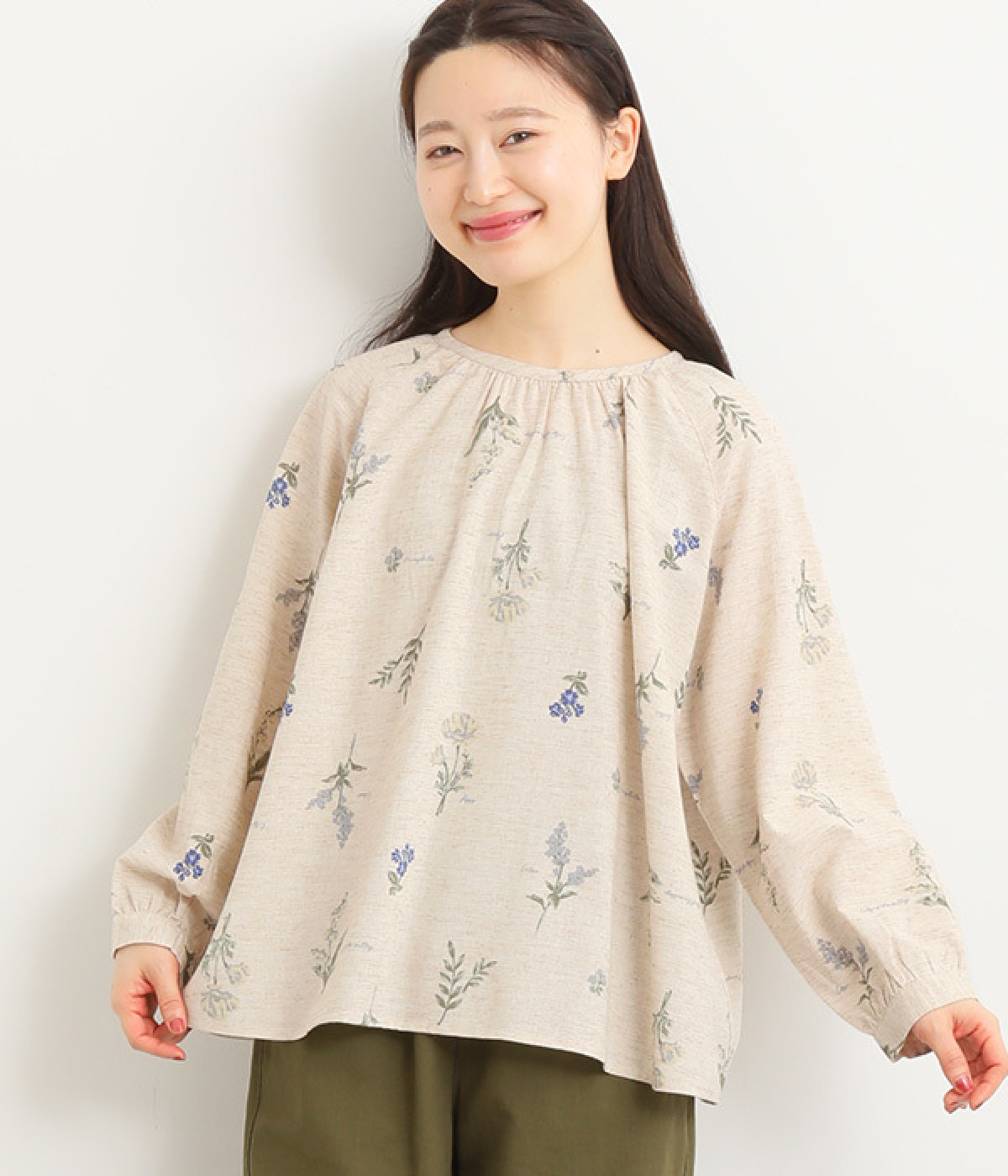 コットンリネン 花柄プリントブラウス(ナチュラル-ONESIZE)