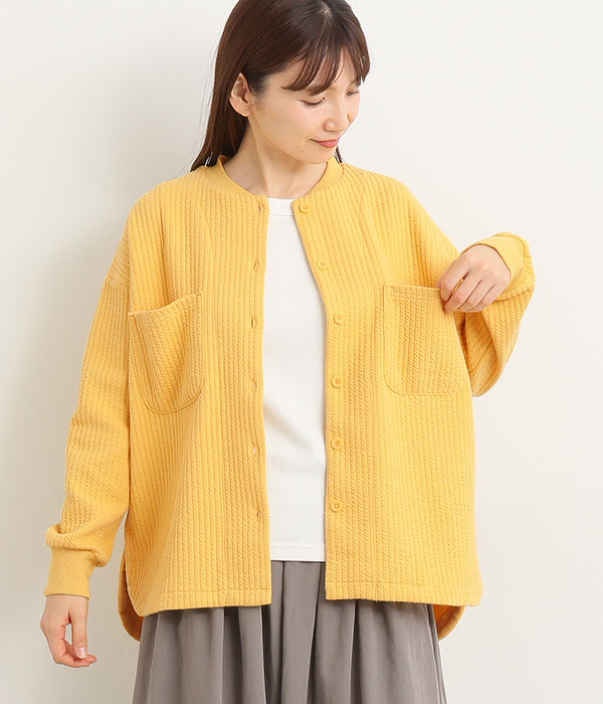 ジャカードカットキルト リブカーディガン(イエロー-ONESIZE)
