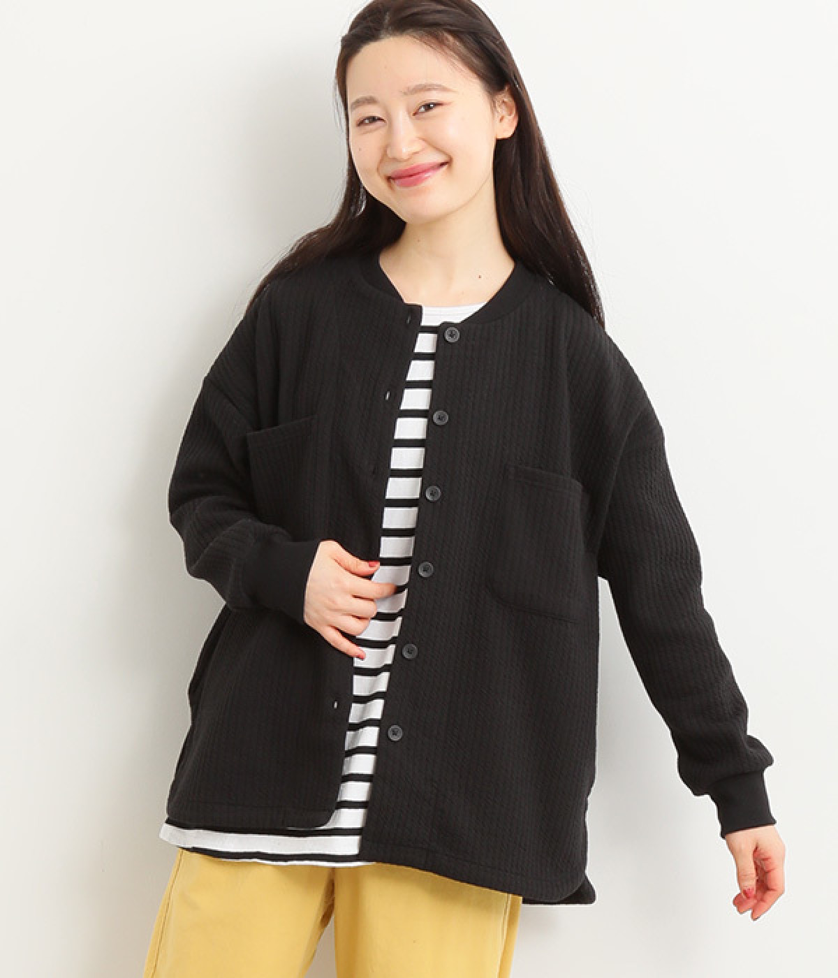 ジャカードカットキルト リブカーディガン(ブラック-ONESIZE)