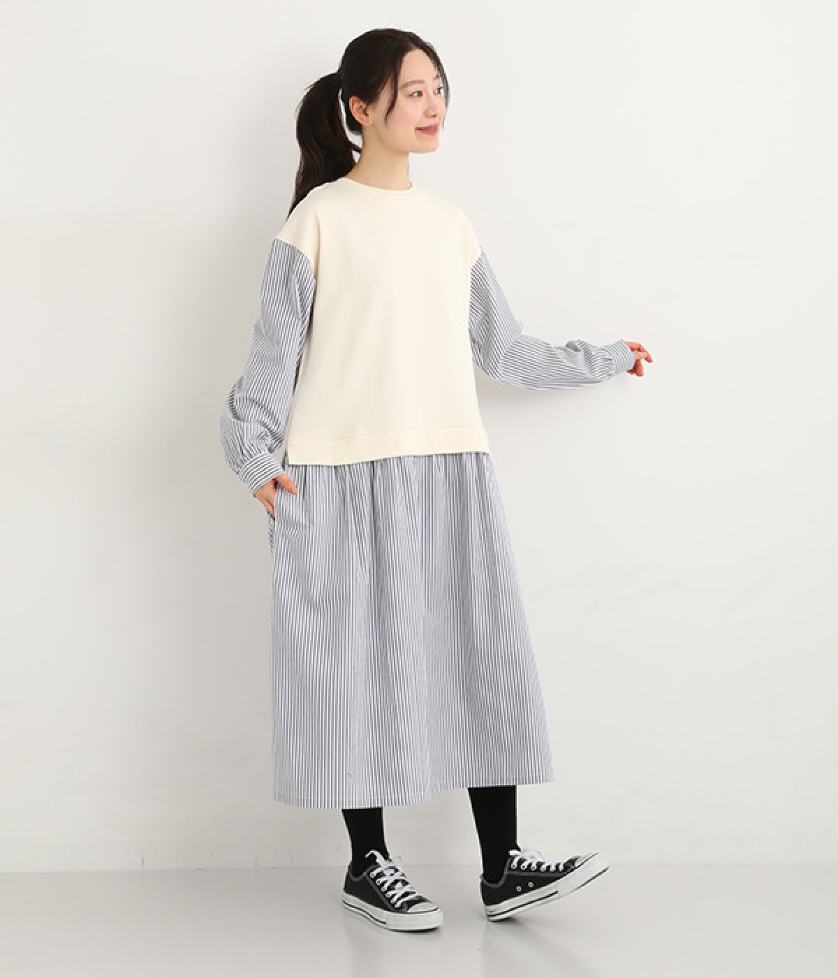 裏毛 ストライプレイヤード風ワンピース(アイボリー-ONESIZE)