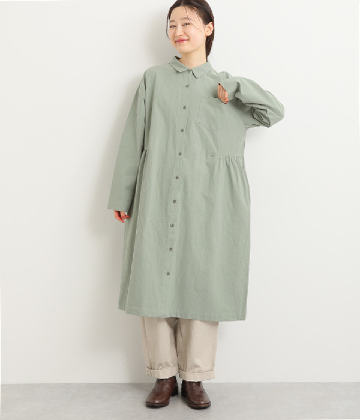 コットンリネン無地 前あきシャツワンピース(グリーン-ONESIZE)