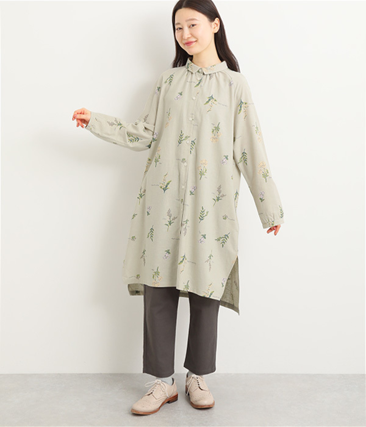 コットンリネン 花柄プリントラグラン袖ワンピース(グリーン-ONESIZE)