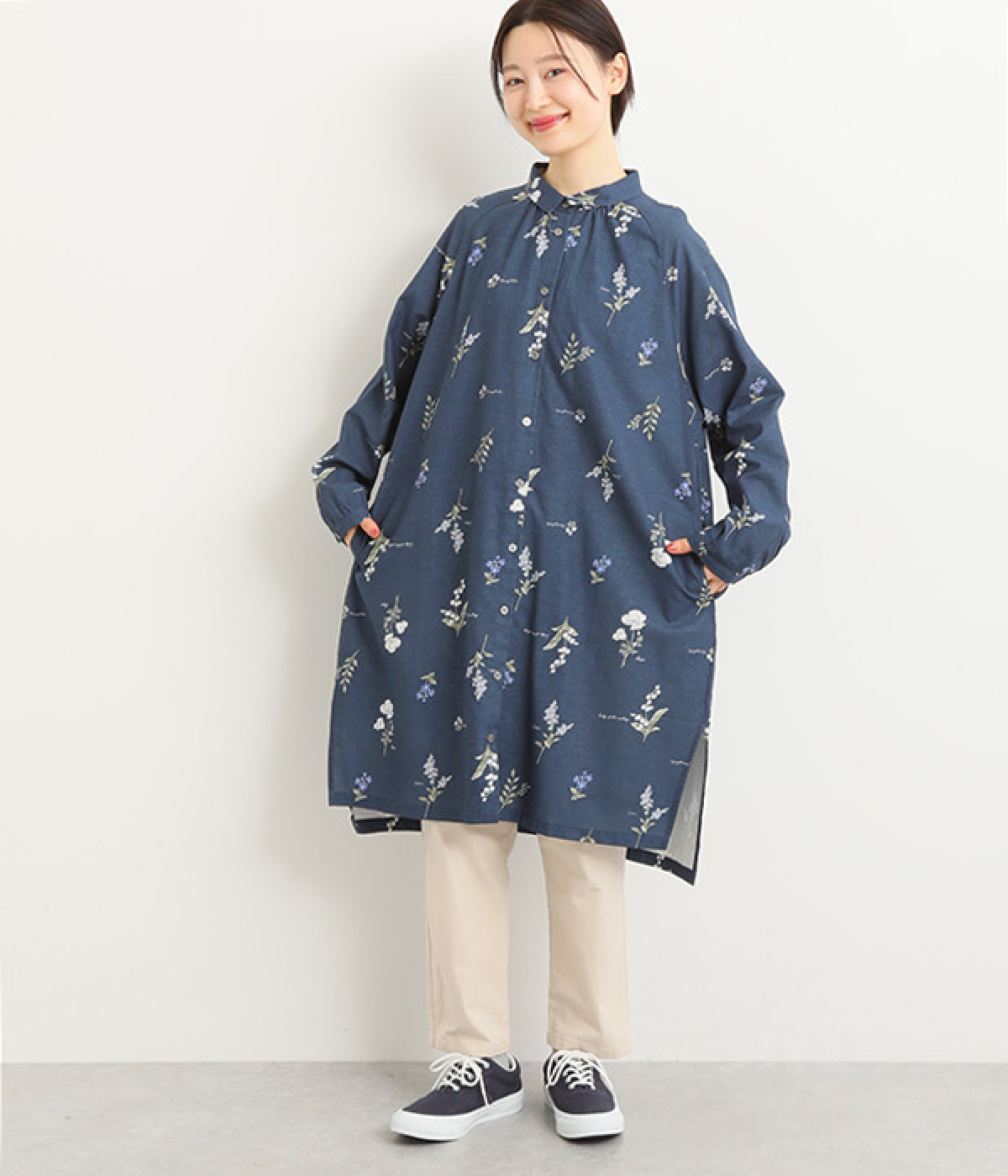 コットンリネン 花柄プリントラグラン袖ワンピース(ネイビー-ONESIZE)