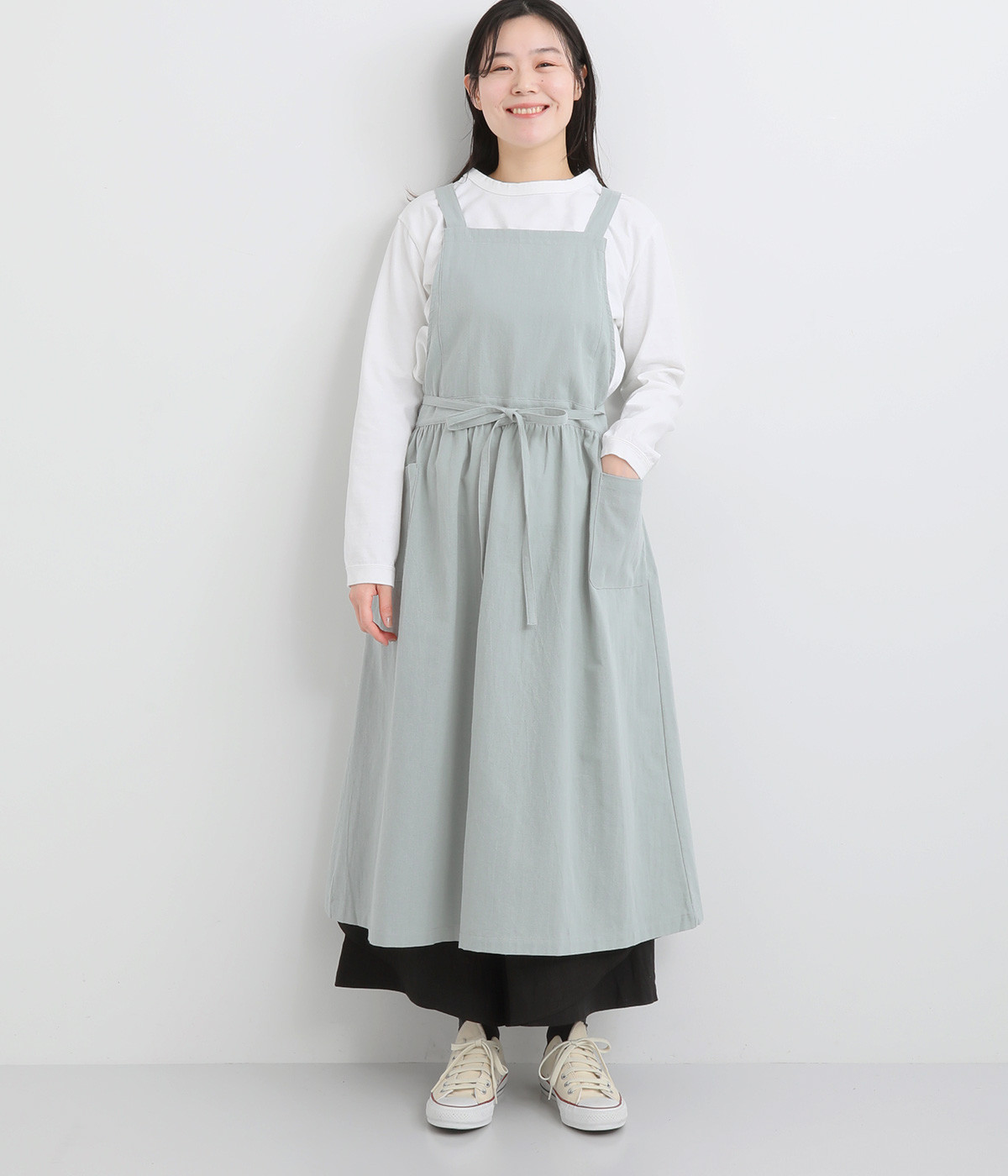 コットンリネンワンピースエプロン(グリーン-ONESIZE)