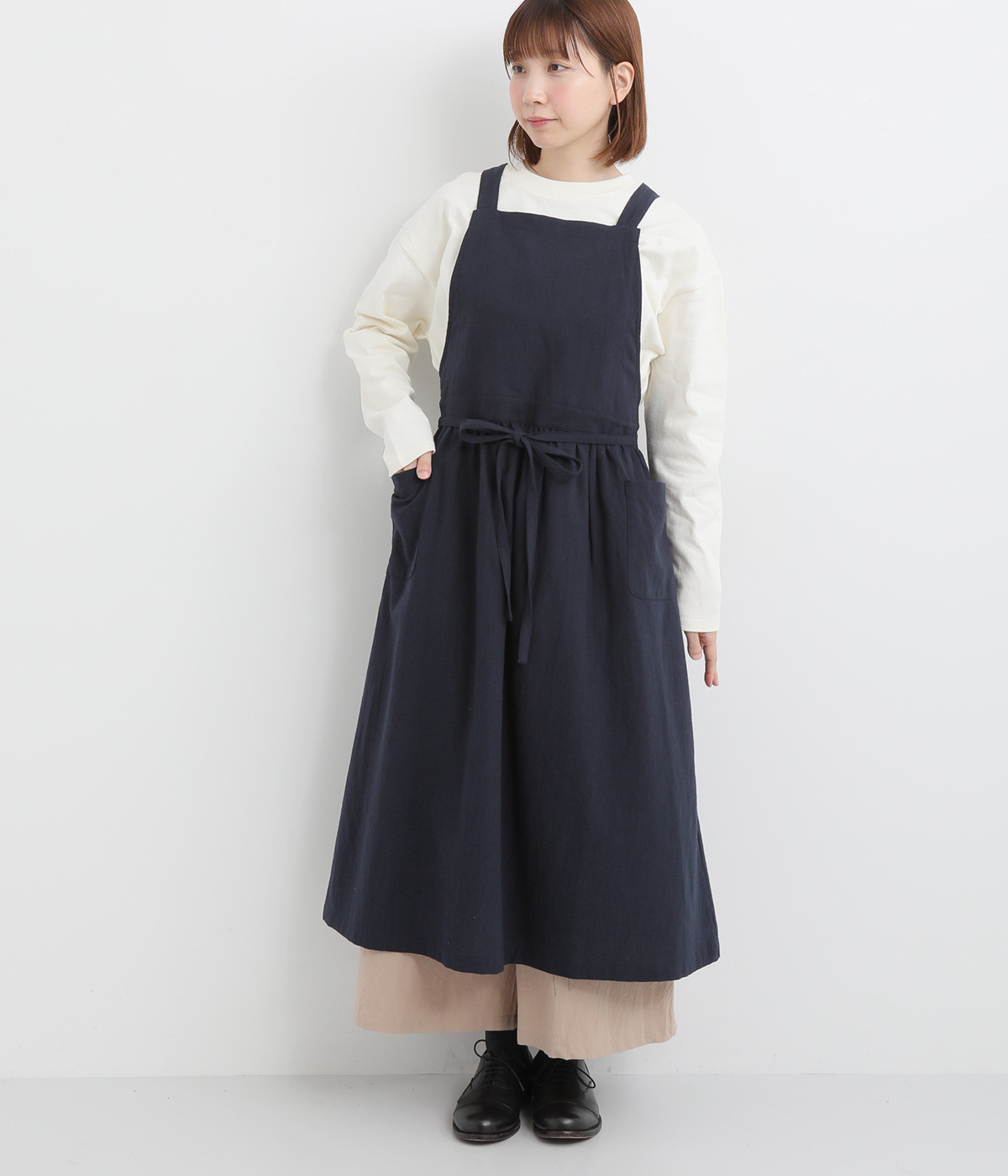 コットンリネンワンピースエプロン(ネイビー-ONESIZE)