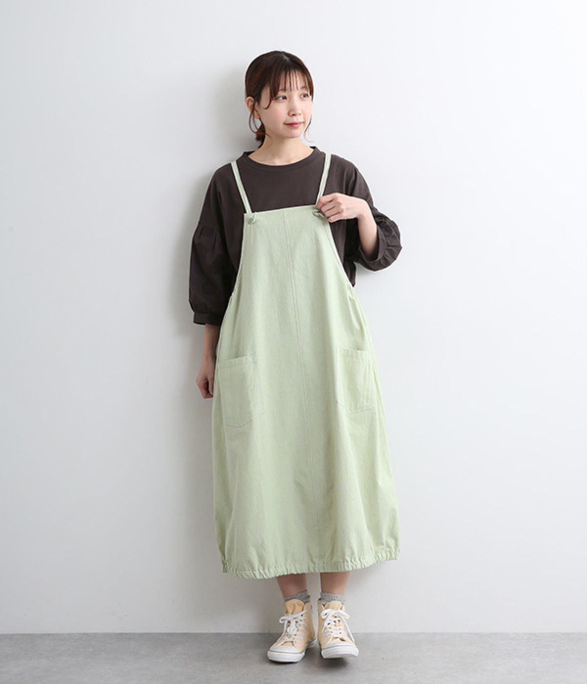 柄バルーンワンピースエプロン(グリーン-ONESIZE)
