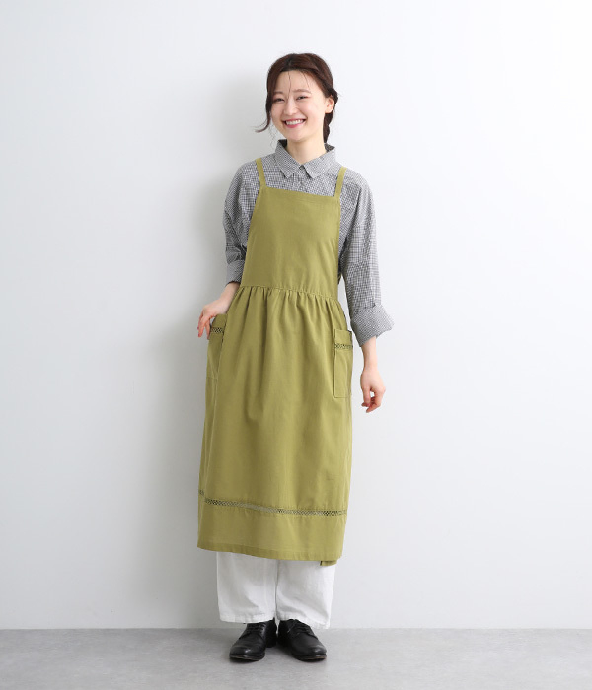 コットンリネン 2wayワンピースエプロン(グリーン-ONESIZE)