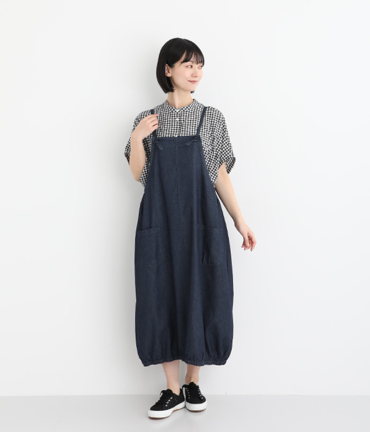 布帛デニム裾バルーンワンピースエプロン(デニムインディゴネイビー-ONESIZE)