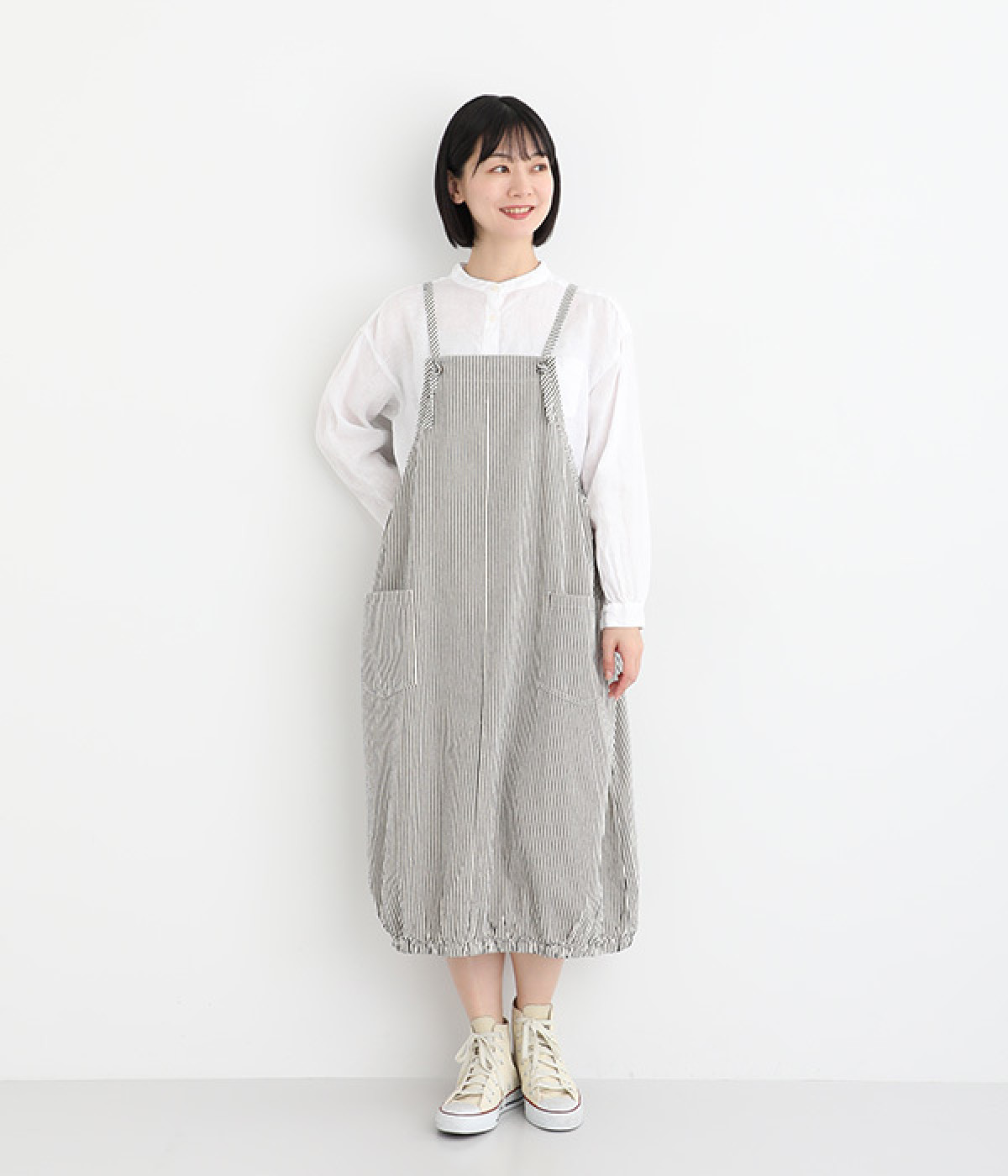 布帛デニム裾バルーンワンピースエプロン(アイボリーストライプ-ONESIZE)