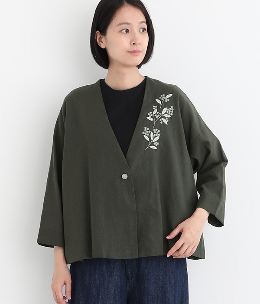 コットンリネン 配色刺繍入りショート丈ジャケット
