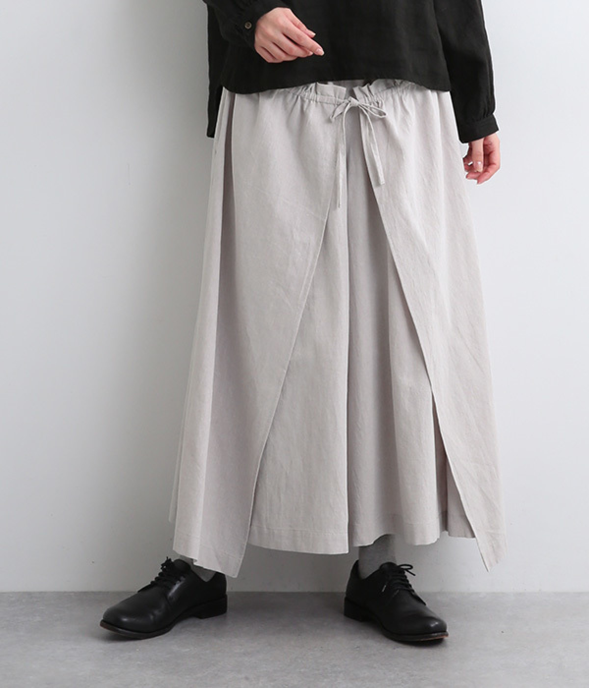 コットンリネン 8分丈ラップ付きワイドパンツ(ライトグレー-ONESIZE)