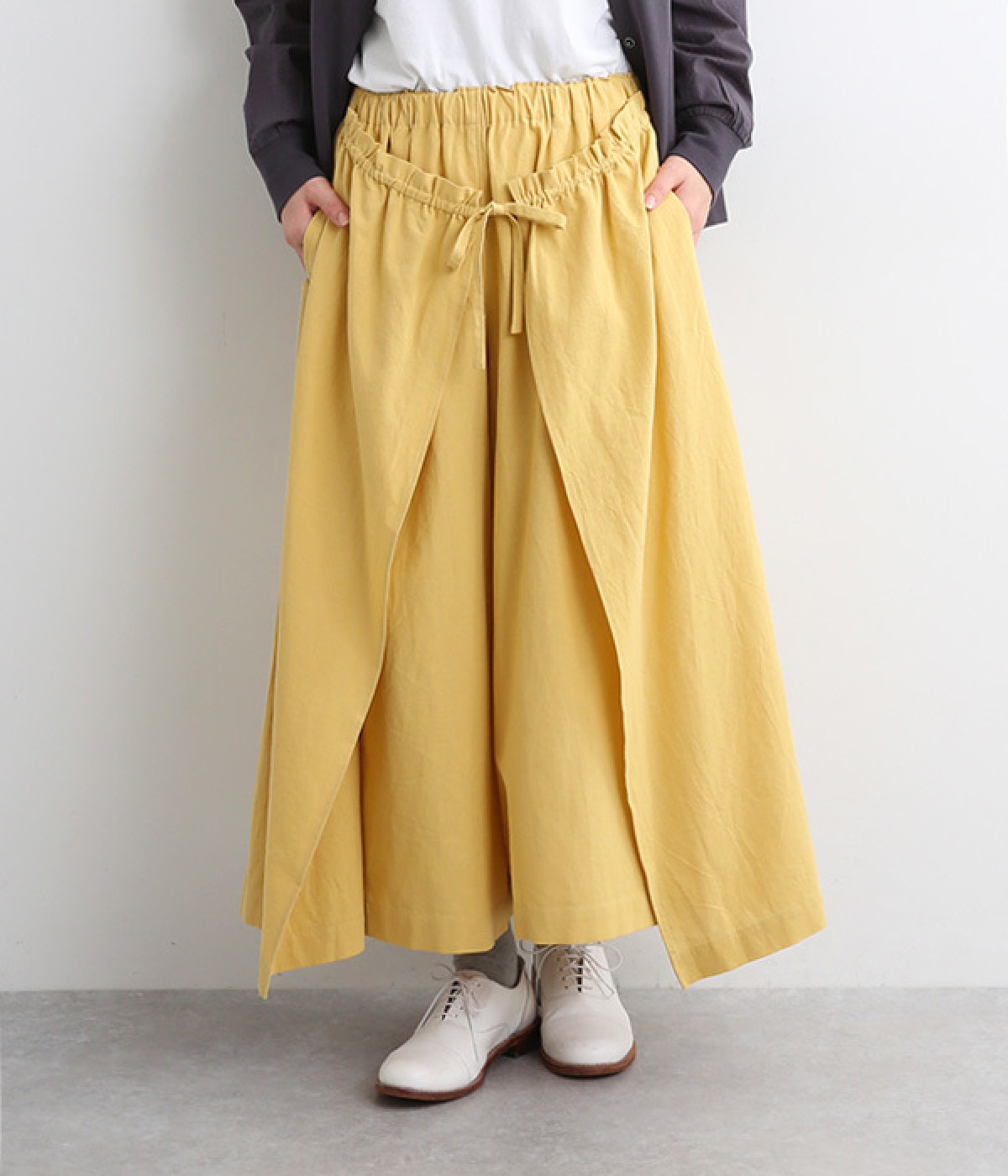 コットンリネン 8分丈ラップ付きワイドパンツ(イエロー-ONESIZE)