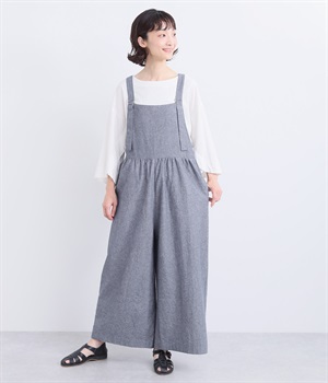 先染めコットンリネンシャンブレー ギャザーサロペット