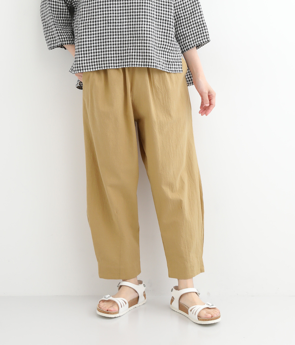 コットンワッシャー 9分丈テーパードパンツ(ベージュ-ONESIZE)