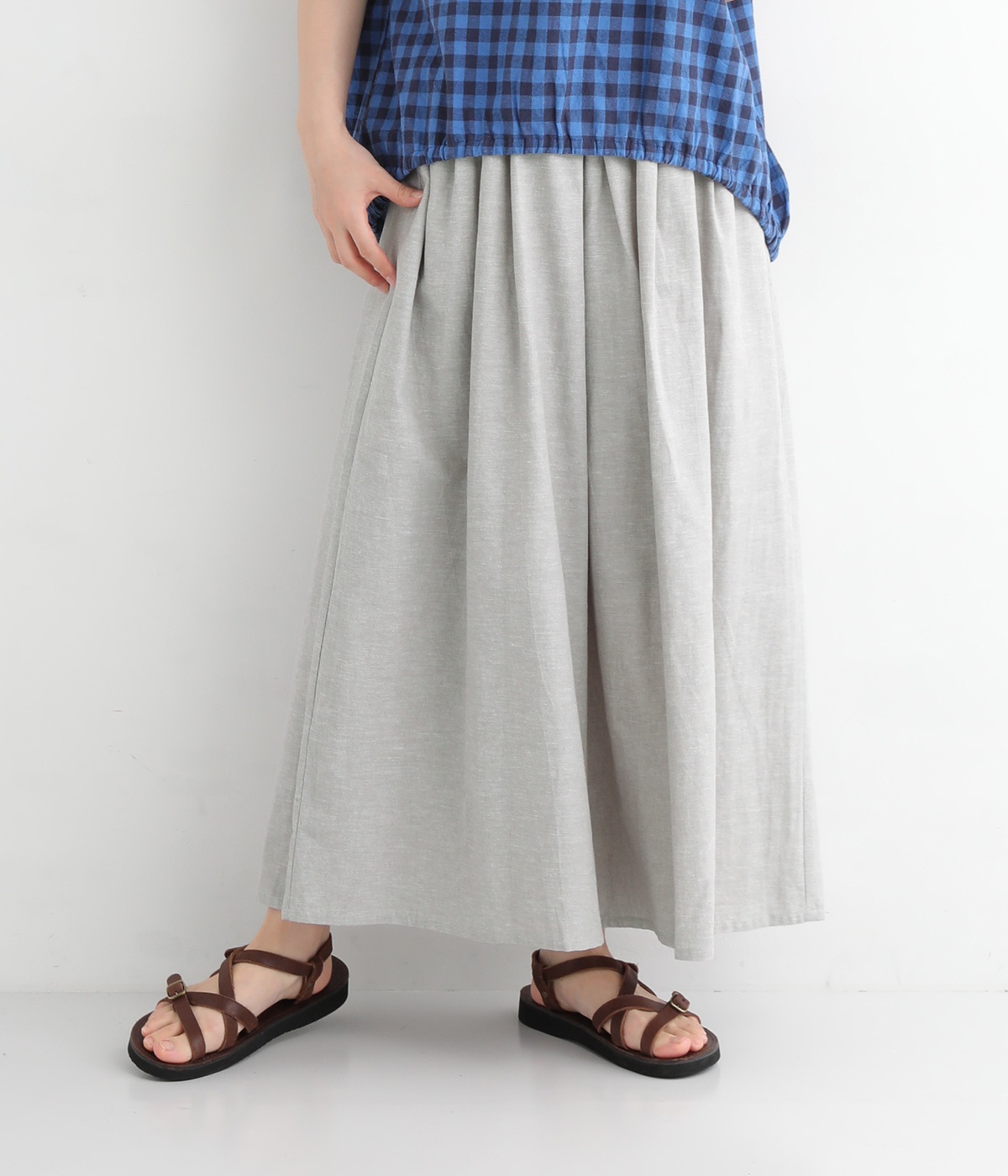 コットンリネン 9分丈タック入りワイドパンツ(ライトグレー-ONESIZE)