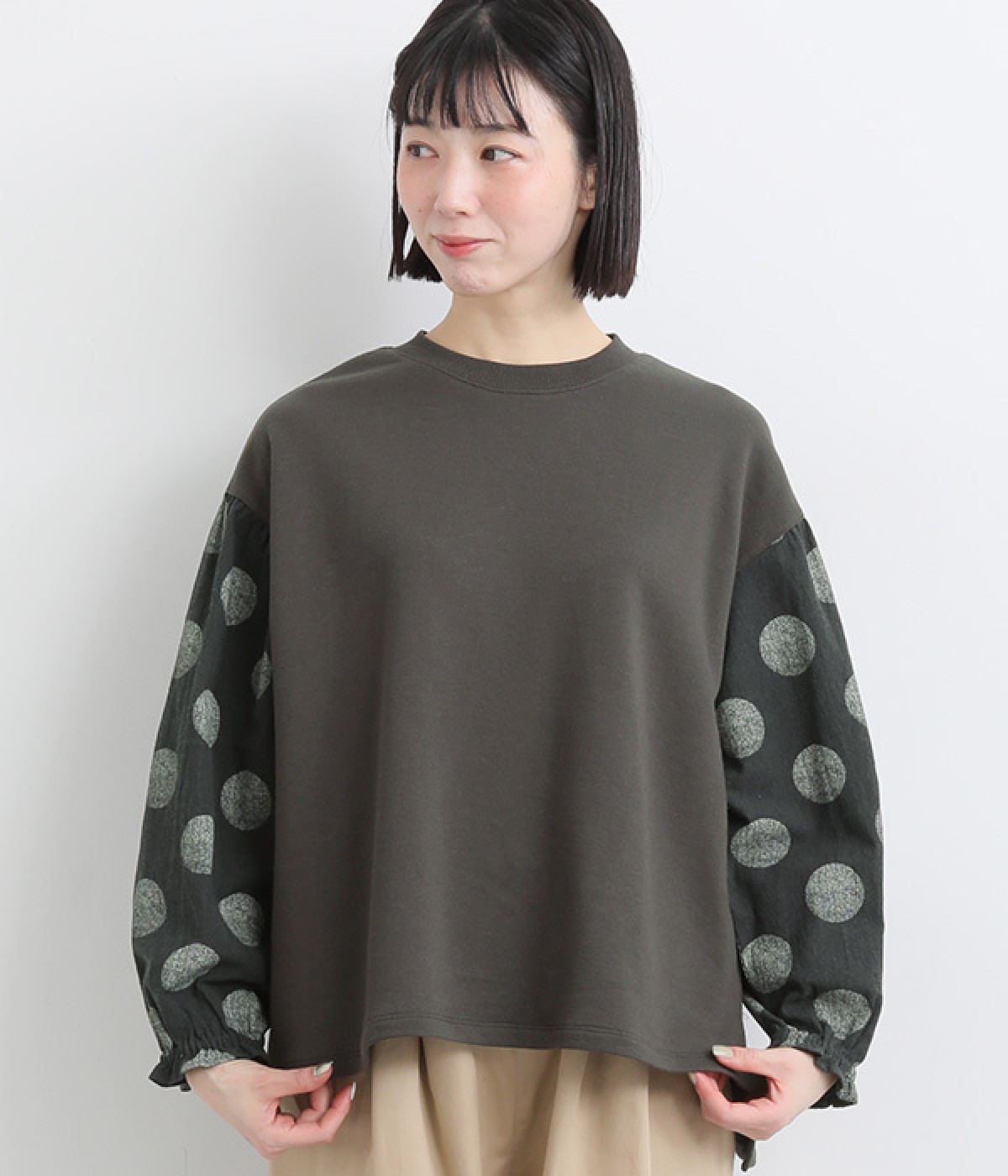 コットン裏毛 ドット柄カットソー(チャコール-ONESIZE)
