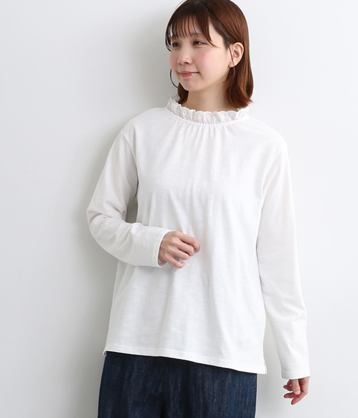 コットン ゴム入りレースカットソー(アイボリー-ONESIZE)