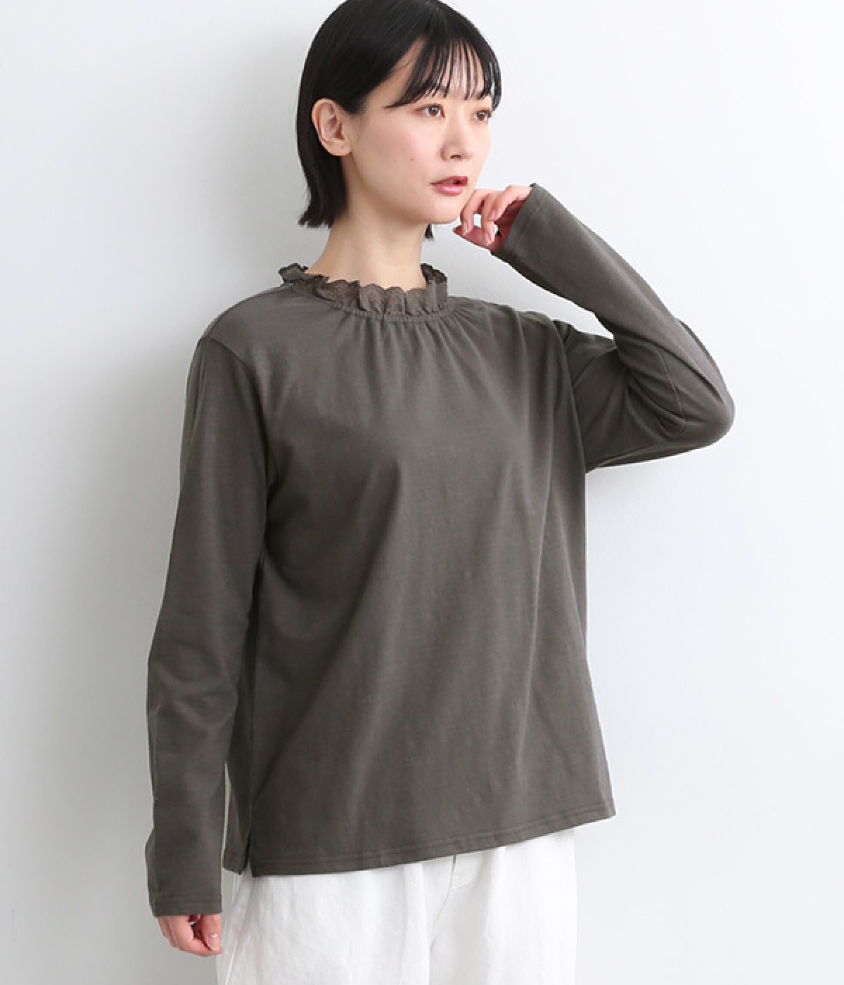 コットン ゴム入りレースカットソー(チャコール-ONESIZE)