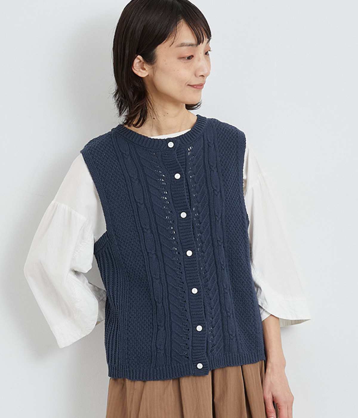コットン ミックス編みニットベスト(ネイビー-ONESIZE)