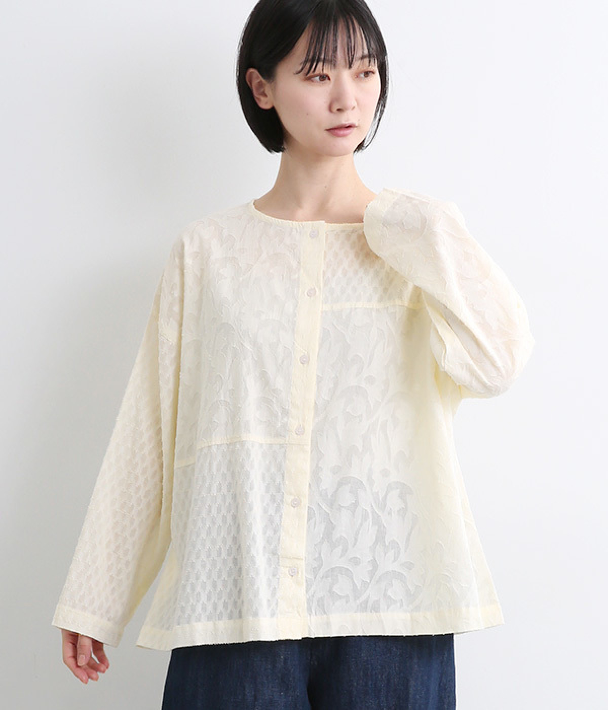 ジャカード パッチワーク前開きブラウス(アイボリー-ONESIZE)