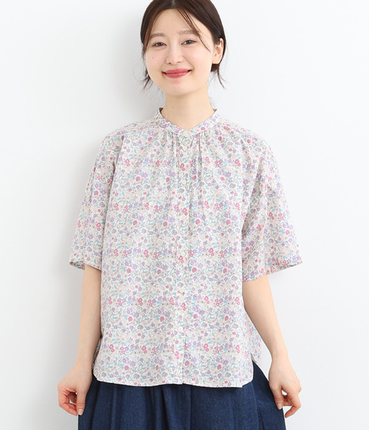 コットン 小花柄プリント前開きブラウス(アイボリー-ONESIZE)