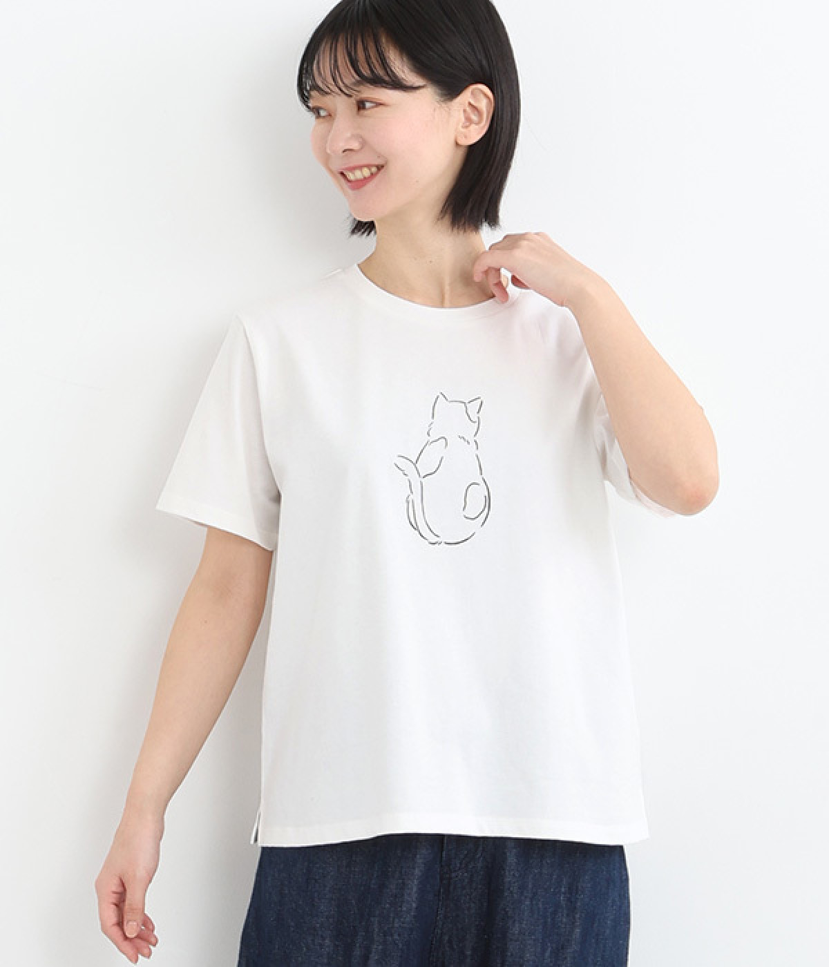 コットン ドロップショルダーネコTシャツ(アイボリー-ONESIZE)