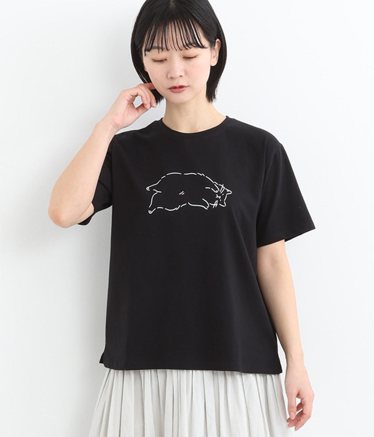 コットン ドロップショルダーネコTシャツ(ブラック-ONESIZE)