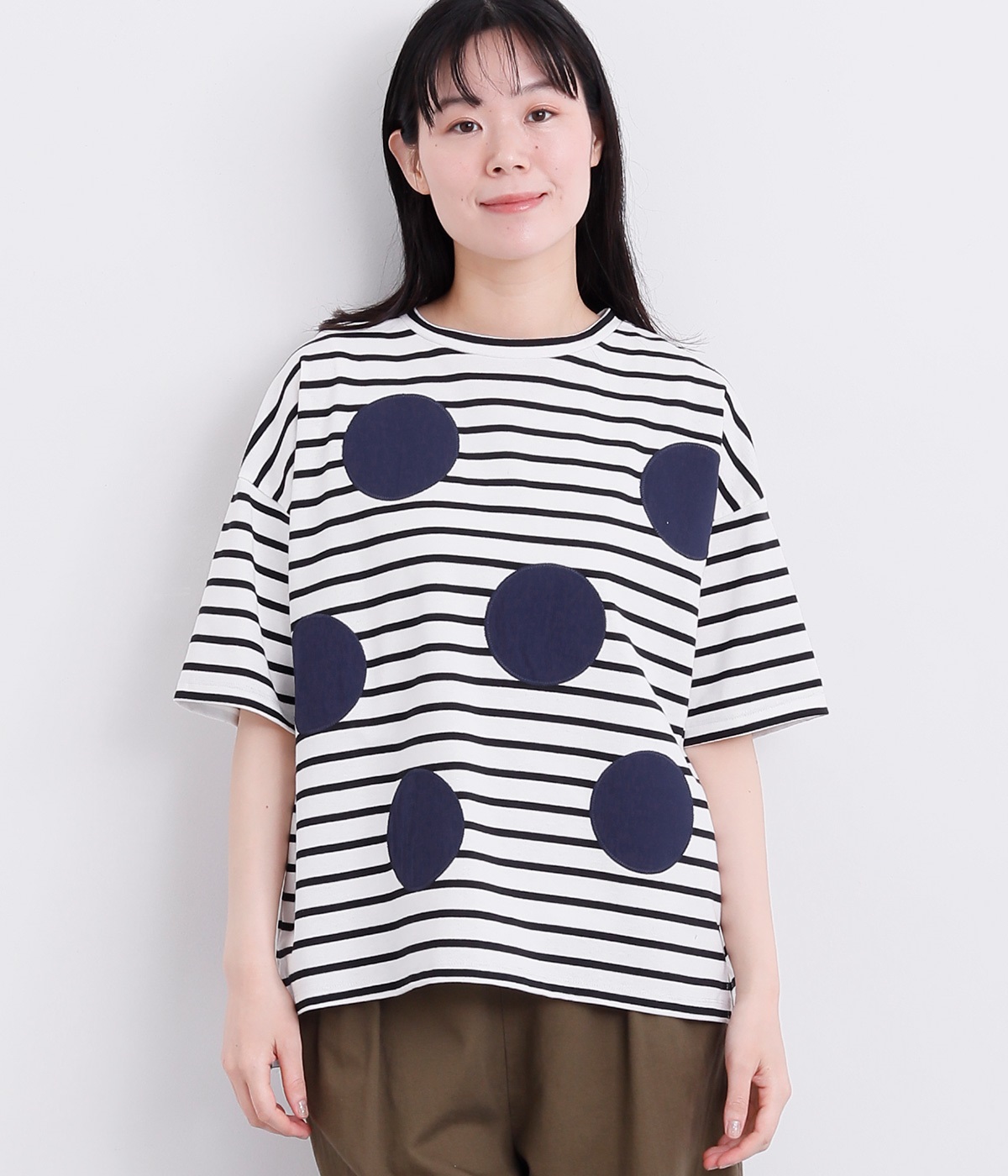 コットン天竺 ボーダー布帛ドットTシャツ(ブラック-ONESIZE)