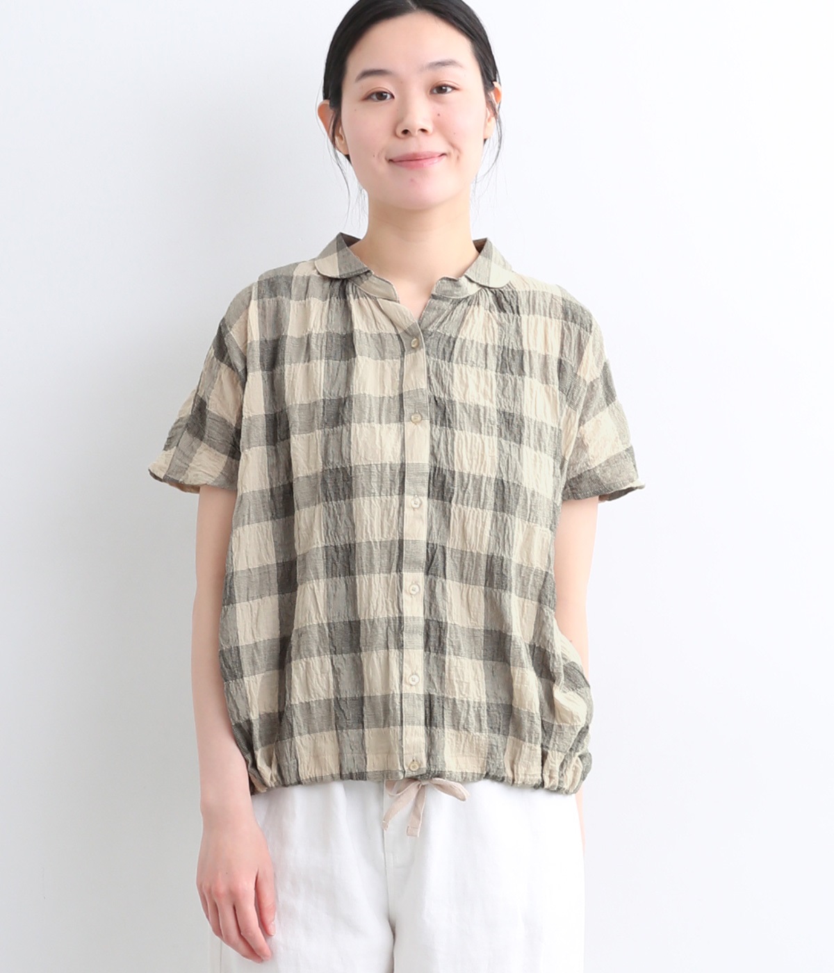 柄アソート フレンチ袖前開きブラウス(ベージュチェック-ONESIZE)