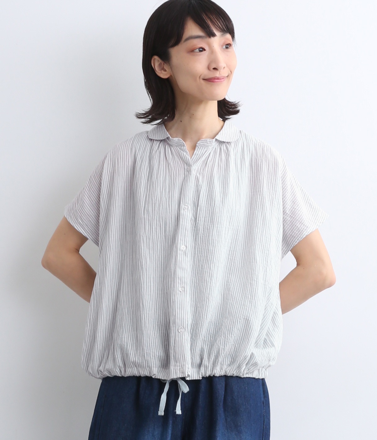 柄アソート フレンチ袖前開きブラウス(ライトブルーストライプ-ONESIZE)