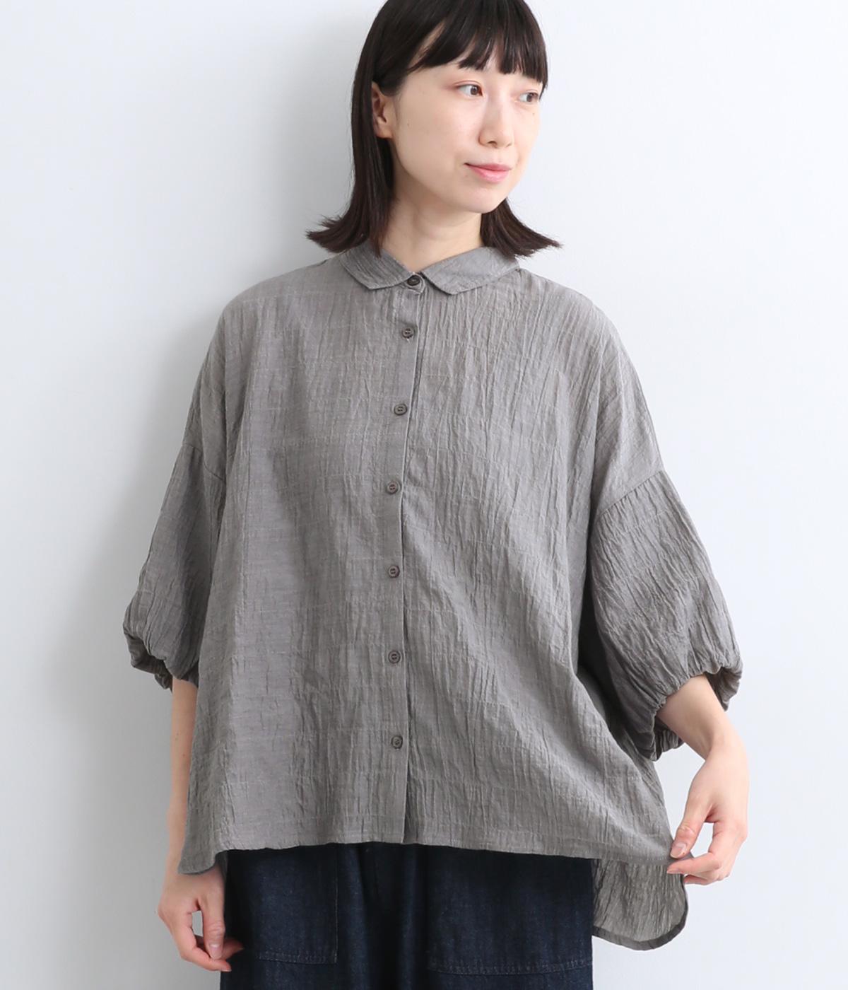 コットン 前あき6分袖バルーンスリーブブラウス(チャコールグレー-ONESIZE)