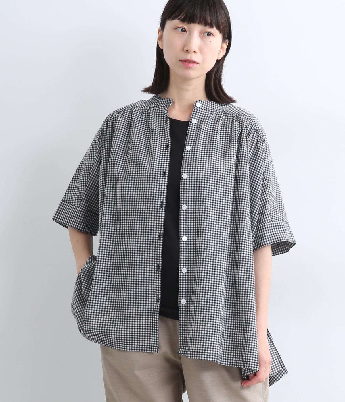 コットンボイル 柄アソートヨークギャザーチュニックブラウス(ネイビーギンガム-ONESIZE)