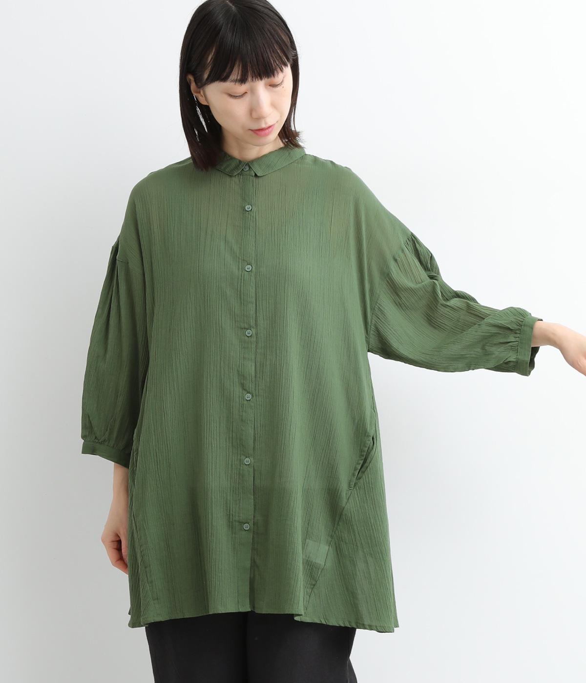 楊柳布帛 チビ襟7分袖チュニックブラウス(グリーン-ONESIZE)