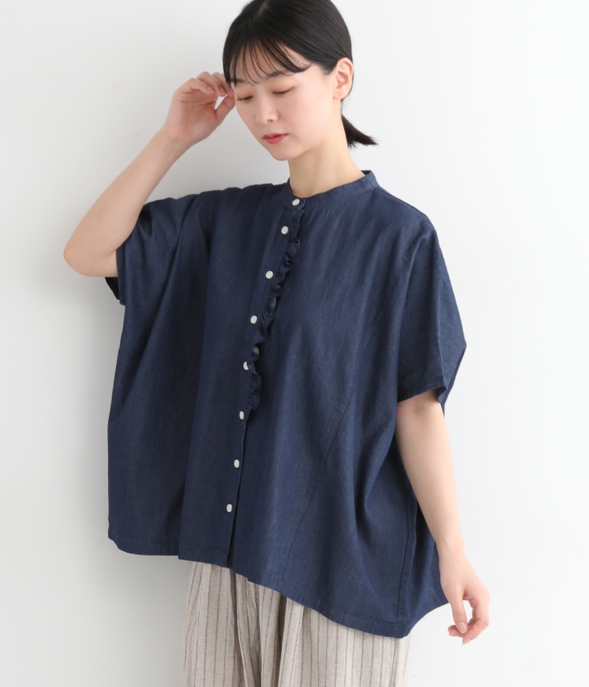 3.8oz布帛デニム 前立てフリル ドルマンスリーブブラウス(ネイビー-ONESIZE)