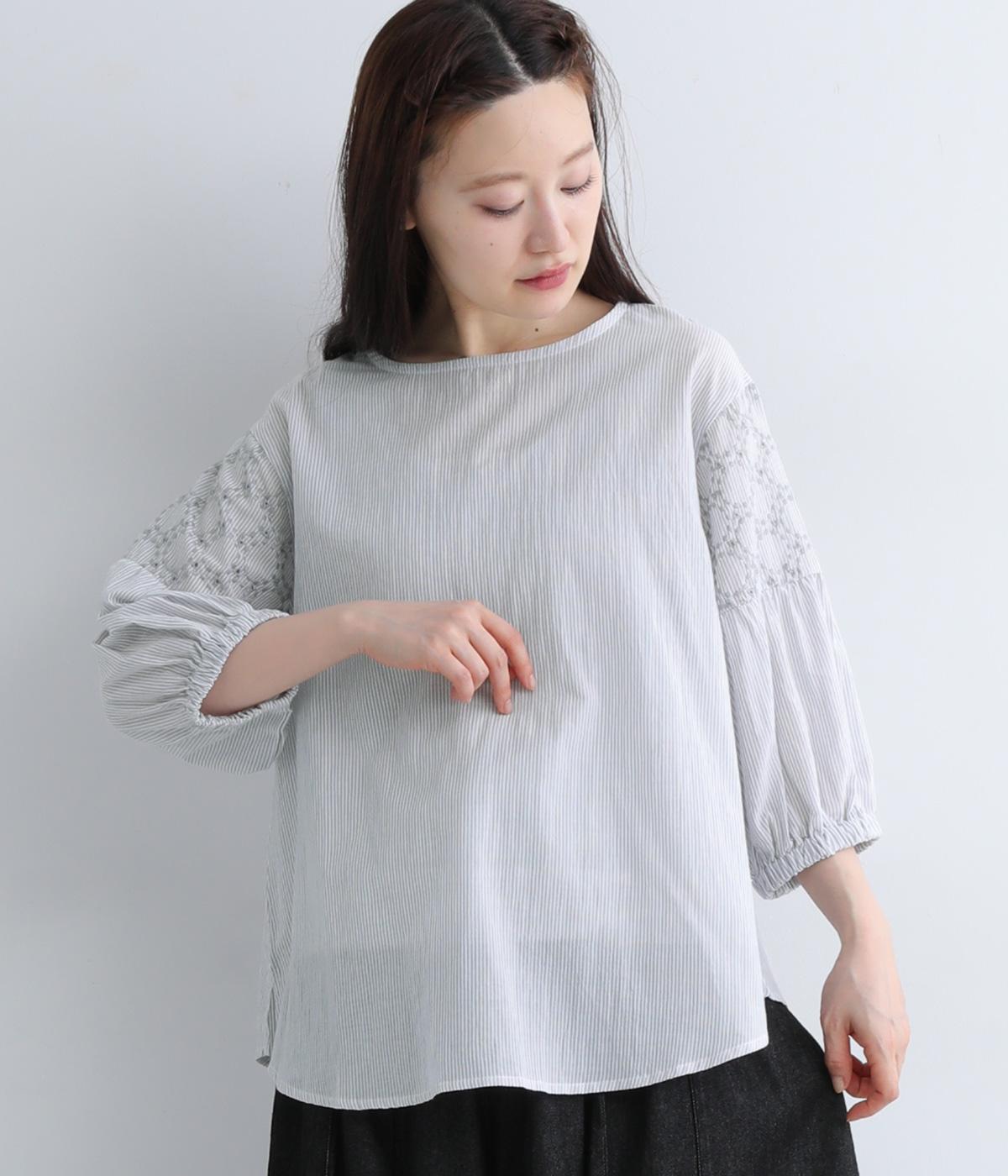 先染め60コットン サークルドット7分袖チュニックブラウス(ライトグレーストライプ-ONESIZE)