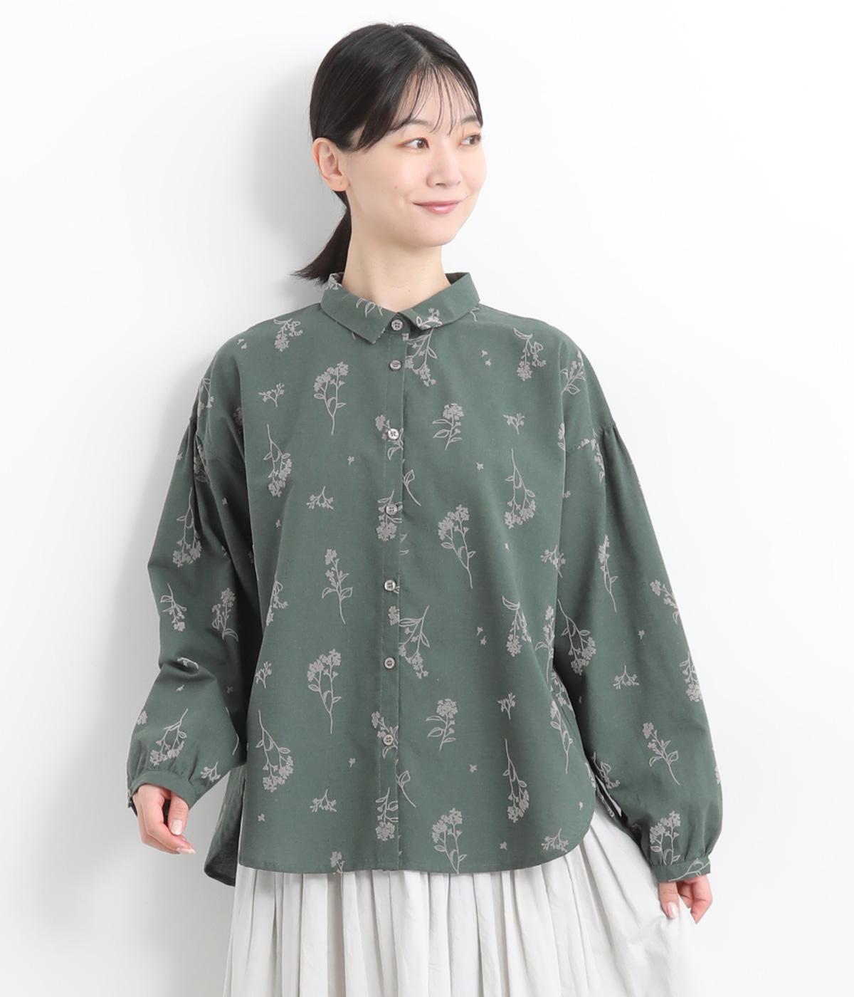 コットンリネン 花柄フロッキーブラウス(グリーン-ONESIZE)