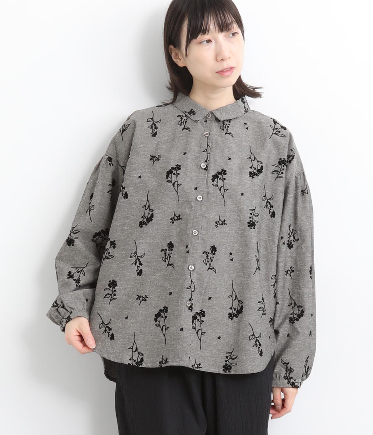 コットンリネン 花柄フロッキーブラウス(ブラック-ONESIZE)