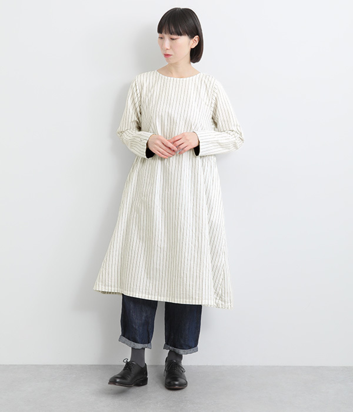 レイヤード仕立てフレアワンピース(アイボリーストライプ-ONESIZE)
