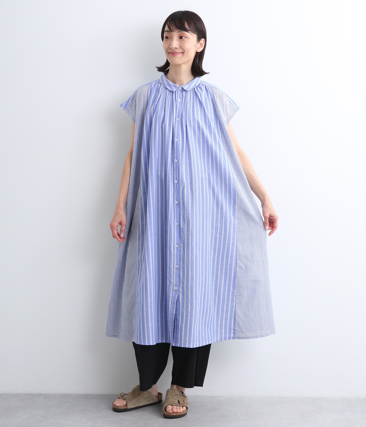 布帛切替コンビ柄アソート フレンチスリーブシャツワンピース(ブルーストライプ-ONESIZE)