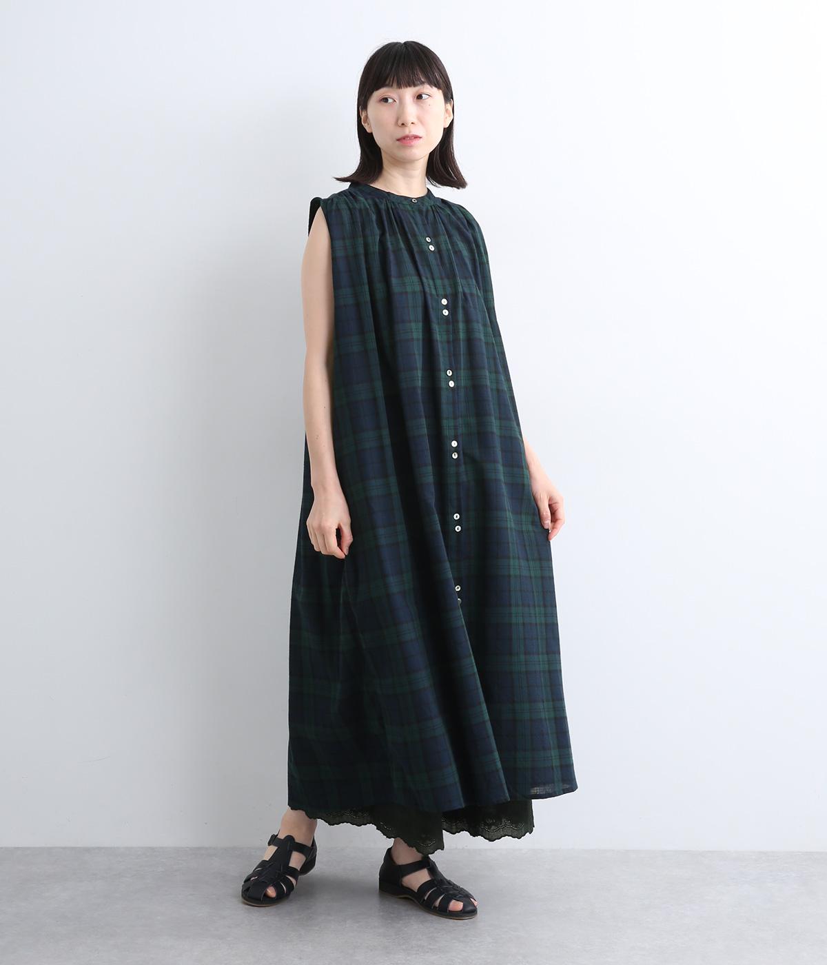 コットンスラブ チェックアソートノースリーブワンピース(グリーン-ONESIZE)